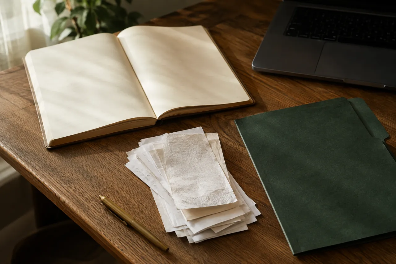 Illustrative still life of a notebook, paper records and green folder.