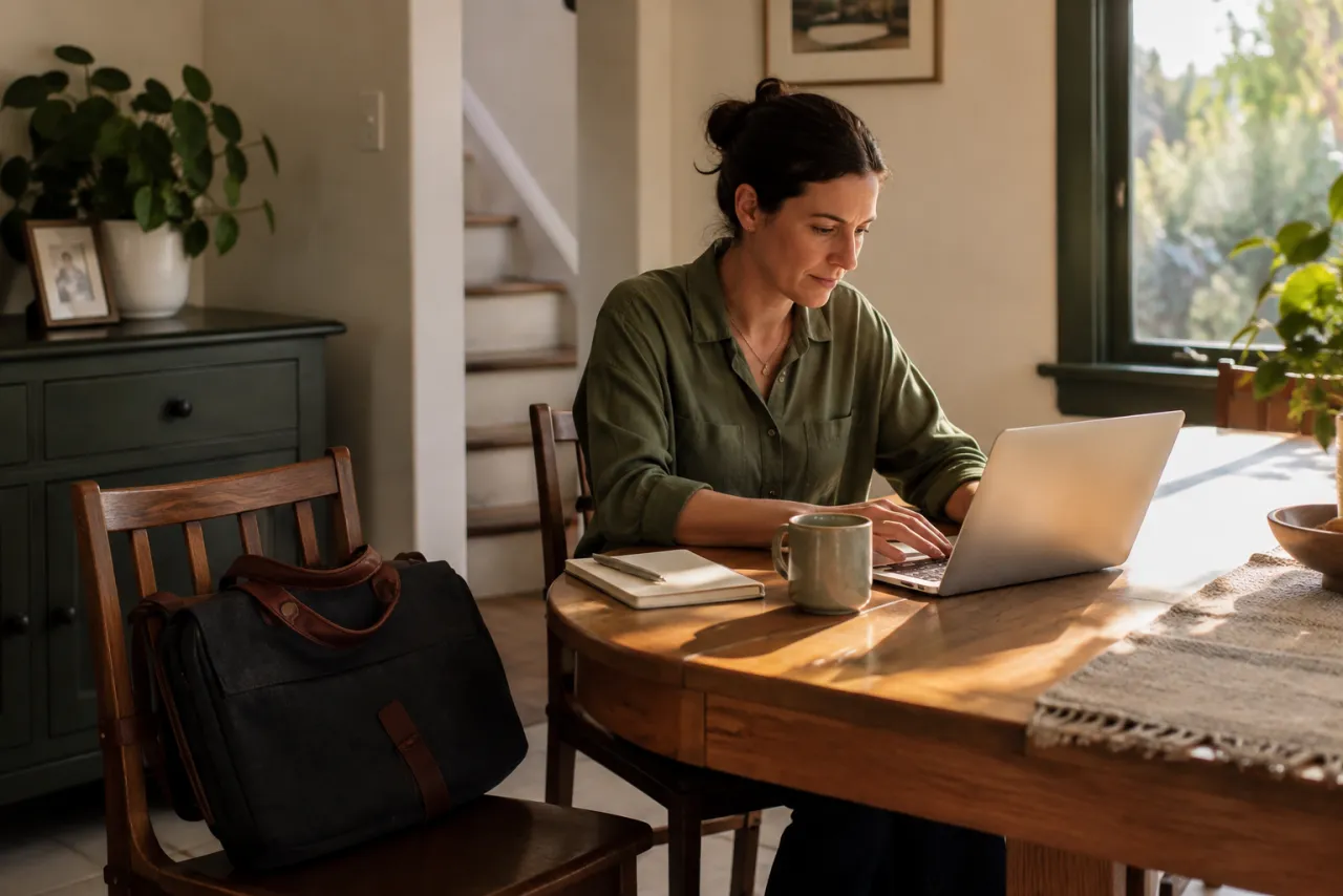 Illustrative scene: a woman at a laptop in a sunlit home workspace.
